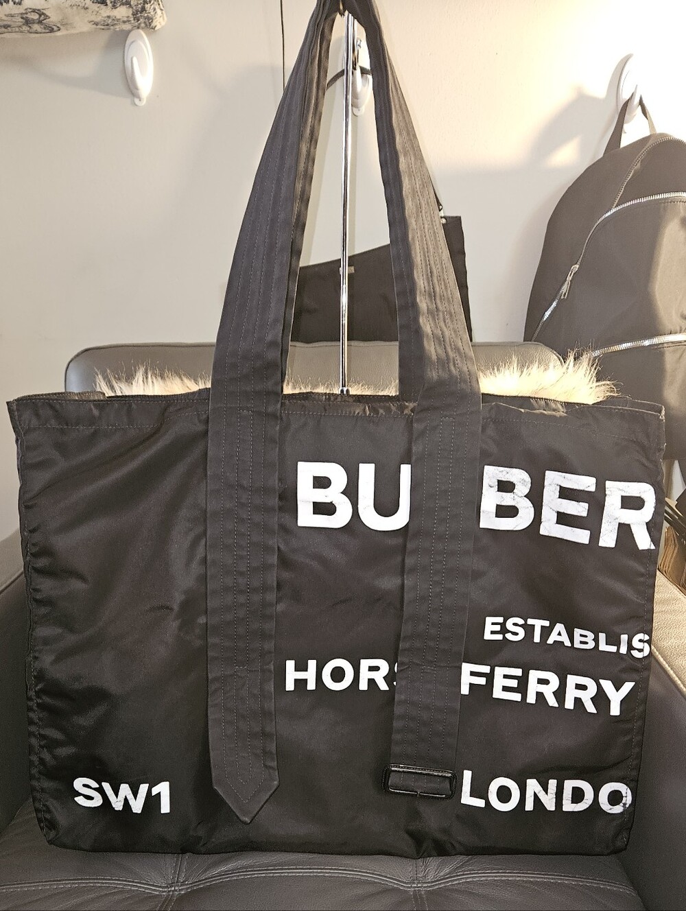 Burberry XL Black Nylon Tote with White Logo Text